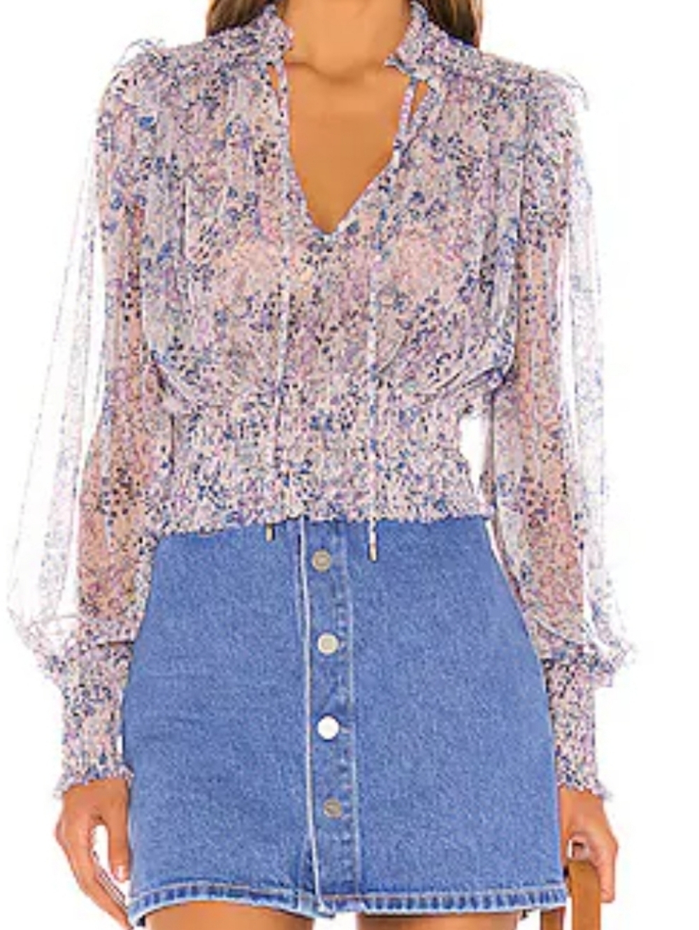 Free People Lilac Floral Printed Twyla  Mesh Blouson Bishops Sleeve Top Sz M
